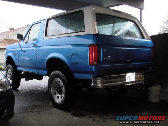 Blue and white 1995 Ford Bronco rear quarter view