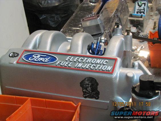 Ford EFI intake manifold with blue fuel rails and a skull sticker