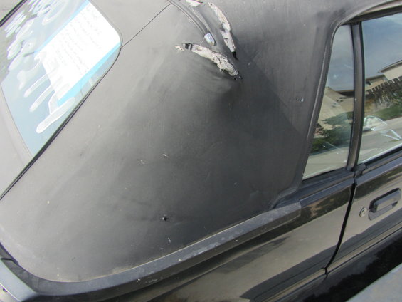 1985 Ford Mustang convertible top with tears and visible text on rear window