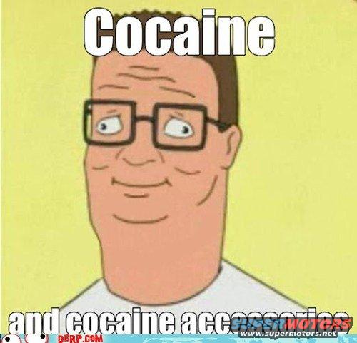 Cartoon character Hank Hill with glasses and text 'Cocaine and cocaine accessories'