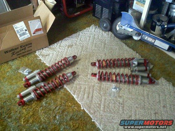 Four red coilover shock absorbers laid out on a rug next to a "Walker Evans Racing" box