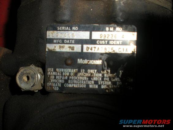 Motorcraft compressor tag with serial number A190415 and MFG DATE 2 8F 78