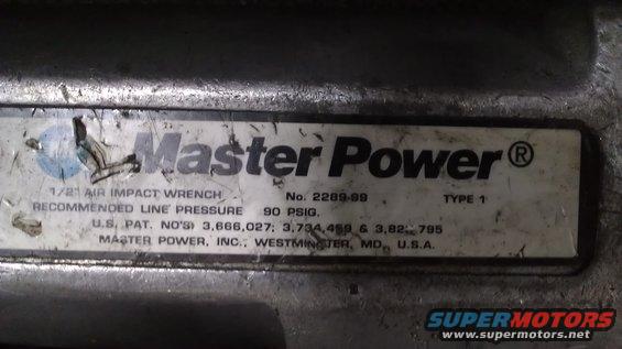 Master Power 1/2 air impact wrench label with model number 2289-99 and recommended line pressure 90 PSIG