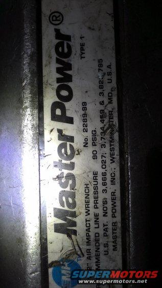 Label on a Master Power 1/2" air impact wrench, shows model number 2289-99 and patent info