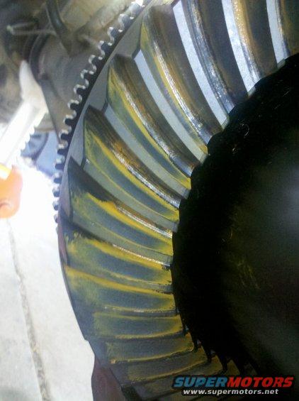 Close-up of a differential ring gear with yellow and blue wear pattern
