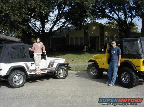 Two Jeep Wranglers, one white and one yellow, parked on a suburban street with people standing next to them