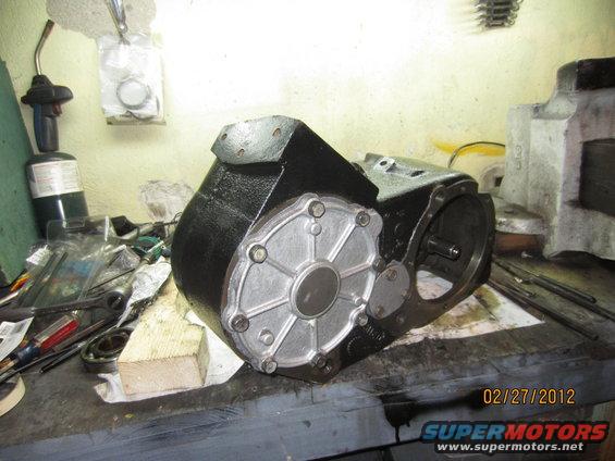 NP205 transfer case on workbench with tools