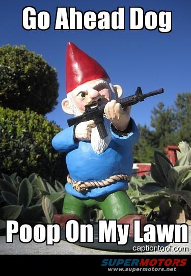 Garden gnome holding a rifle, with text "Go Ahead Dog Poop On My Lawn"