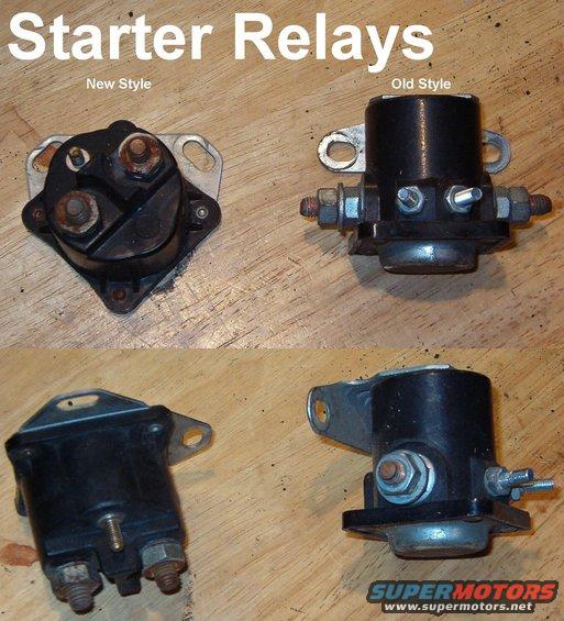 starterrelays.jpg Starter Relays

The old style (E9TZ-11450-B) is unreliable, even when new.  The new style (E9TZ-11450-B) is a direct replacement.

See also:
[url=http://www.supermotors.net/registry/media/285644][img]http://www.supermotors.net/getfile/285644/thumbnail/starterexploded.jpg[/img][/url] . [url=http://www.supermotors.net/registry/media/829914][img]http://www.supermotors.net/getfile/829914/thumbnail/starterelaylate.jpg[/img][/url] . [url=http://www.supermotors.net/vehicles/registry/media/870435][img]http://www.supermotors.net/getfile/870435/thumbnail/relayside.jpg[/img][/url] . [url=http://www.supermotors.net/registry/media/955475][img]http://www.supermotors.net/getfile/955475/thumbnail/26winchrelays.jpg[/img][/url] . [url=http://www.supermotors.net/registry/media/897610][img]http://www.supermotors.net/getfile/897610/thumbnail/relays.jpg[/img][/url]