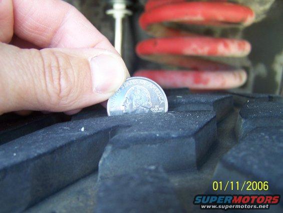 Hand holding quarter to measure tread depth on a tire, red coil spring visible in background