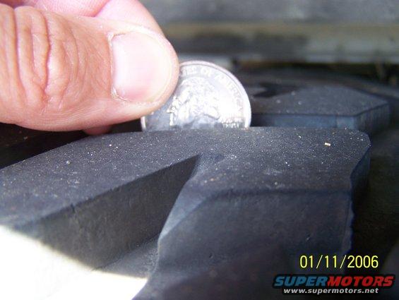 Quarter coin placed in tire tread to show depth