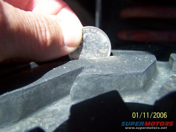 Quarter coin in tire tread, close-up. Date 01/11/2006 visible