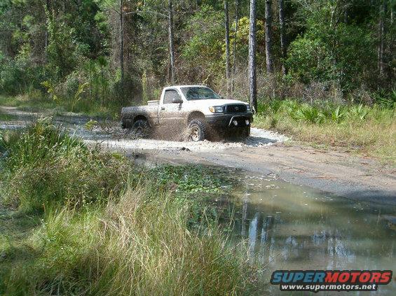 White pickup truck stuck in mud on a dirt road, trees and vegetation in background