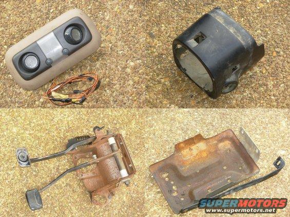 81junk.jpg The eyeball dome lamp came from a GM truck.  The truck manual-shift column cover is VERY hard to find, but I may not use it since I don't particularly want the key release button; nor do I have one.  My '93 body donor was an automatic, so I needed a '92-96 clutch pedal.  The battery tray is for an aux battery, which I plan to mount in the frame under the rear seat.