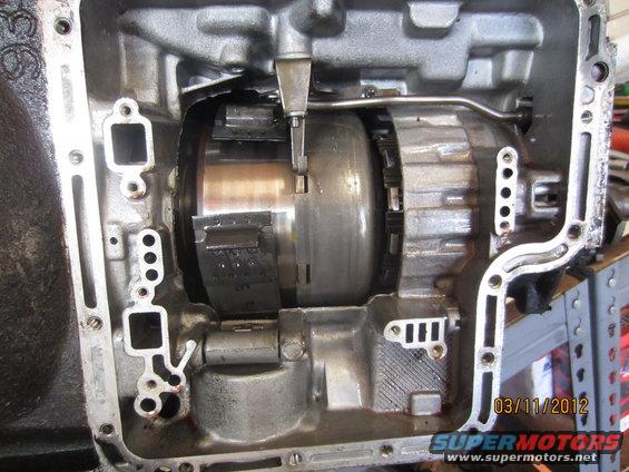 Close-up of automatic transmission internals, showing clutch packs and torque converter components
