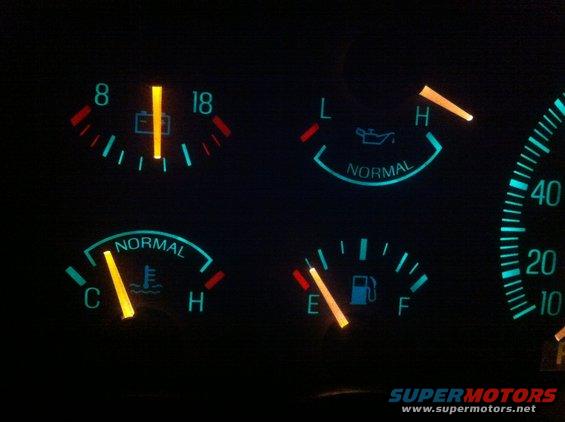 dashboard gauges showing battery, oil, temp, and fuel levels