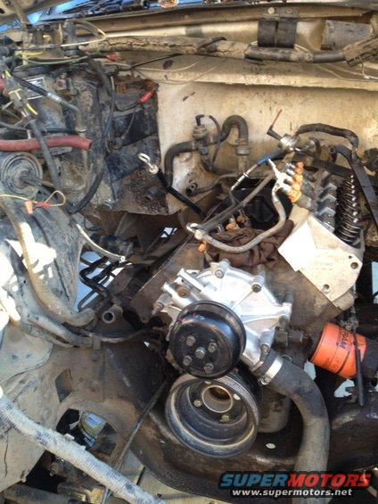 1992 Ford Bronco engine bay with a new water pump and oil filter installed