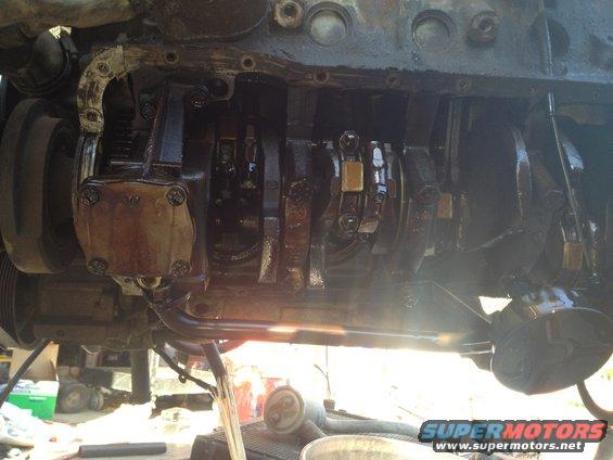 engine crankshaft and connecting rods, oil pan removed