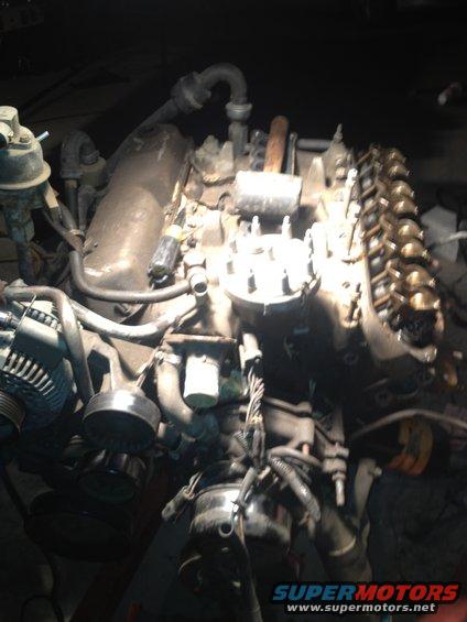 Engine assembly with distributor cap, alternator, and valve cover visible