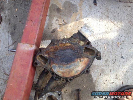 Used car water pump with corroded gasket surface and attached hoses