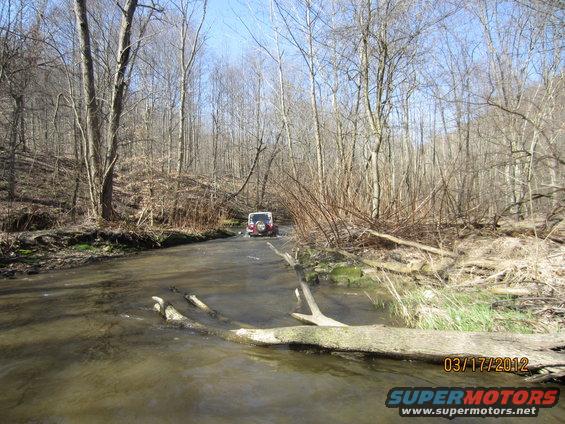 Red SUV driving through creek, wooded background. Date stamp 03/17/2012