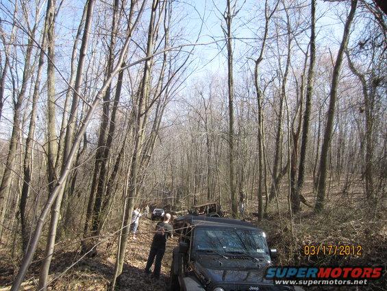 Several off-road vehicles navigate a muddy trail through a dense forest. Date stamp reads 03/17/2012