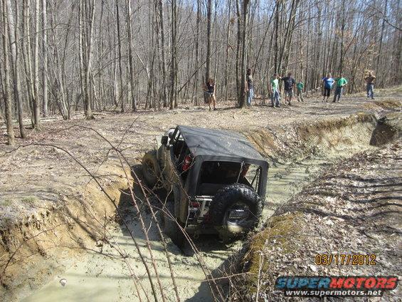 Off-road vehicle with soft top stuck in a muddy ditch, trees and people in background
