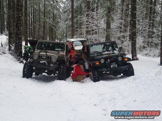 Multiple Jeeps parked in a snowy forest with people around them