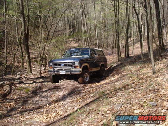 Dark blue Ford Bronco driving on a dirt path in a wooded area