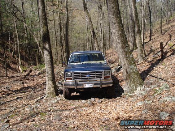 Blue Ford truck parked on a wooded, rocky trail. Front view