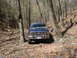 1985 Ford Bronco - A blue Ford truck is parked on a rocky, wooded trail, viewed from the front.