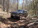 1985 Ford Bronco - This 1985 Ford Bronco tackles a challenging off-road path surrounded by trees.