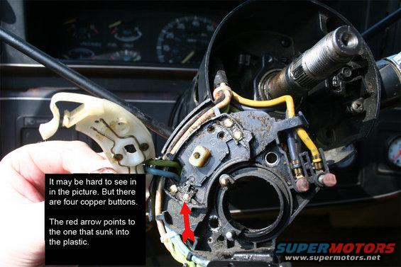 Close-up of a vehicle's steering column switch assembly with a hand pointing to copper buttons. Text overlay explains the buttons