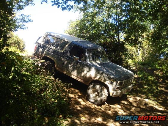 1985 Ford Bronco climbing a muddy, wooded trail