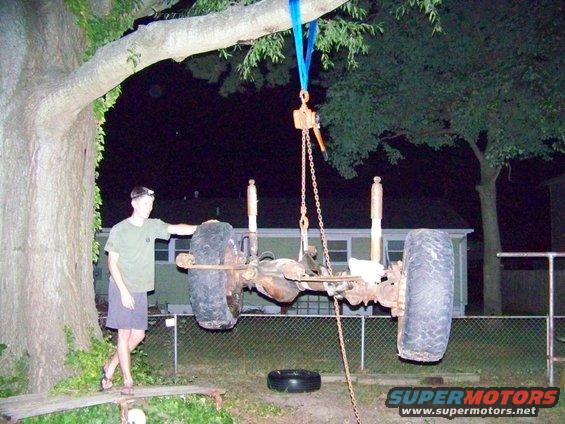 Vehicle axle assembly with tires being lifted by a chain hoist from a tree branch