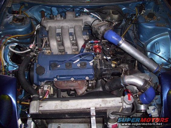 Engine bay with blue valve cover, intake manifold, turbocharger, and intercooler piping
