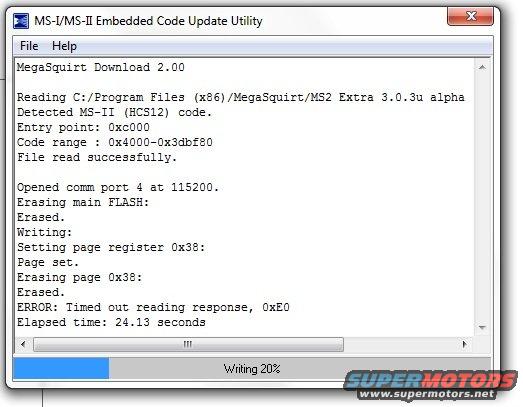Computer screen showing MegaSquirt download utility output with an error message and Supermotors logo