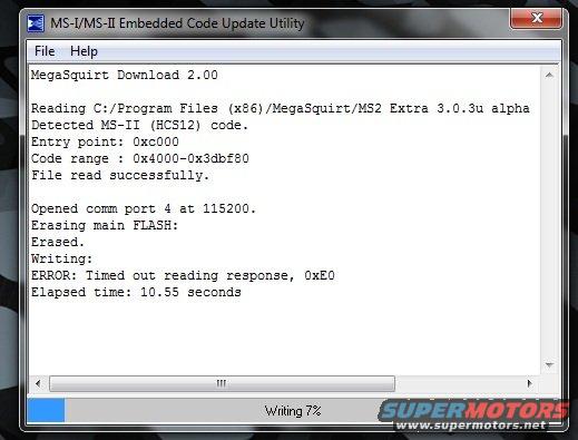 Computer screen displays MegaSquirt download error