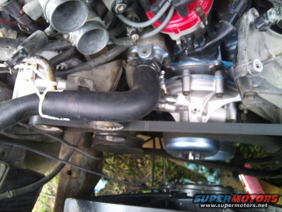 Engine bay with hoses, belts, and engine components visible. Water pump and distributor cap are prominent