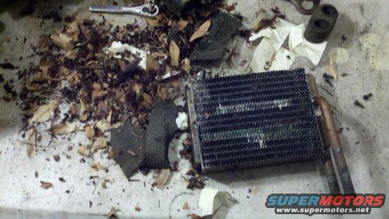 Heater core covered in leaves and debris, with a wrench nearby