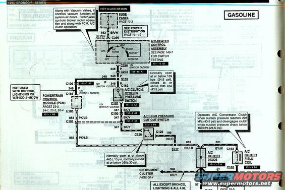 Diagram shows A/C system wiring for a vehicle, detailing components like the fuse panel, control assembly, and pressure switches