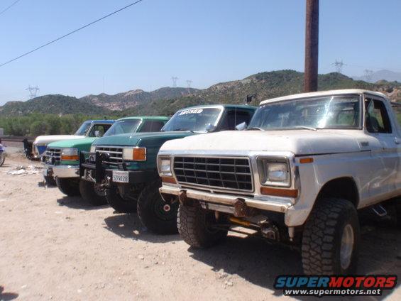 White 1970s Ford F-Series truck front view, parked in a line with other trucks