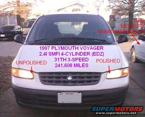 White 1997 Plymouth Voyager minivan, front view, with text overlay indicating mileage and engine details