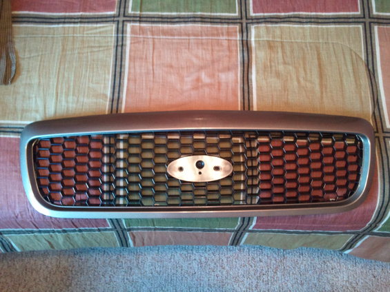 Ford oval emblem on a honeycomb grille, likely from a truck