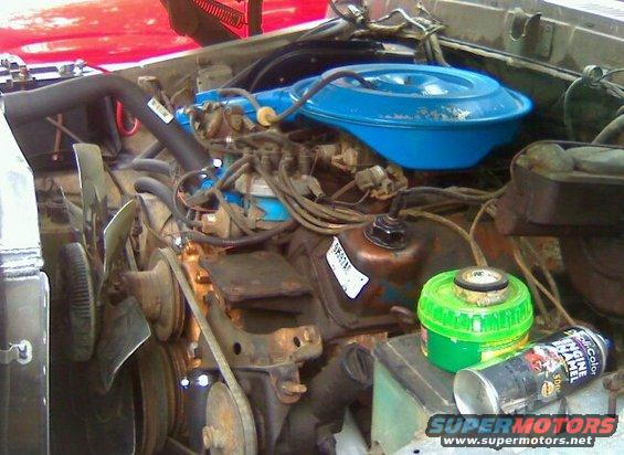 Engine bay detail with blue air cleaner housing, fan, and hoses. Can of engine enamel spray paint is visible
