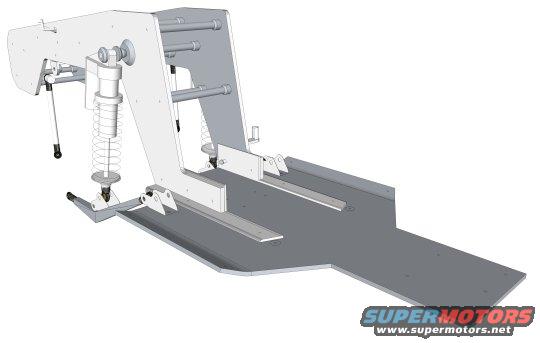 3D diagram of a vehicle chassis and suspension system, showing shock absorber and mounting points