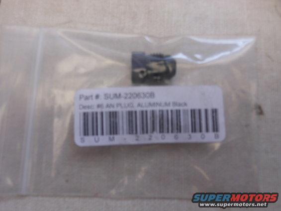 Black AN plug with part number SUM-220630B and description #6 AN PLUG, ALUMINUM Black