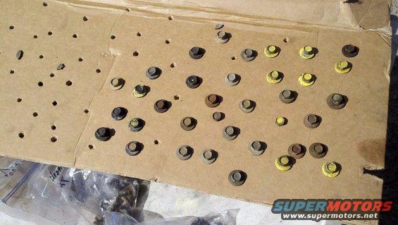 Bolts and nuts organized on cardboard for a motor rebuild