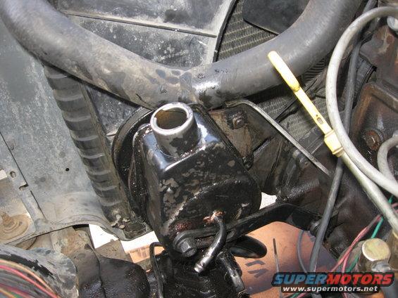 close-up of power steering pump, hoses, and dipstick