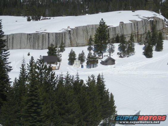 Snowy mountain landscape with trees and buildings